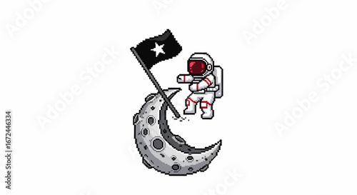 Astronaut planting a flag on the moon's surface A pixel art style illustration in space exploration