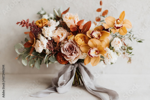 Stunning autumn floral bouquet with earthy-toned roses, orchids, eucalyptus, and a soft gray ribbon