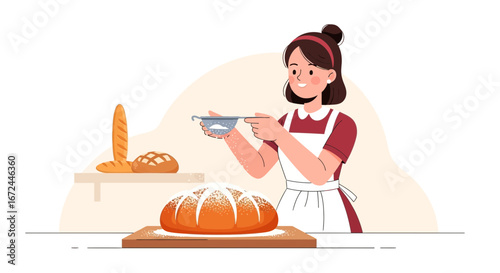 Charming Baker Sprinkling Powdered Sugar onto a Freshly Baked Loaf