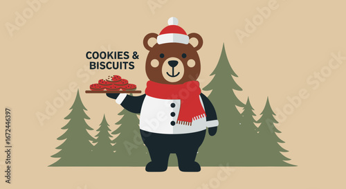 Charming Bear Presenting Delicious Biscuits in Snowy Winter Forest Scene