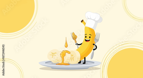 Charming Cartoon Banana Chef Serving Sliced Fruit With Drizzled Sauce And Smiling
