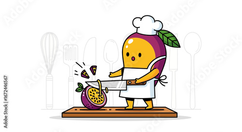 Charming Cartoon Character Chef Skillfully Slicing a Passion Fruit on a Wooden Cutting Board