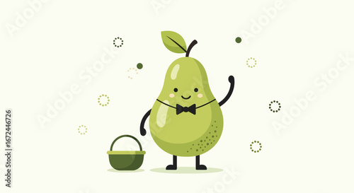 Charming Cartoon Pear Character in A Bowtie Waving Hello with a basket for illustration