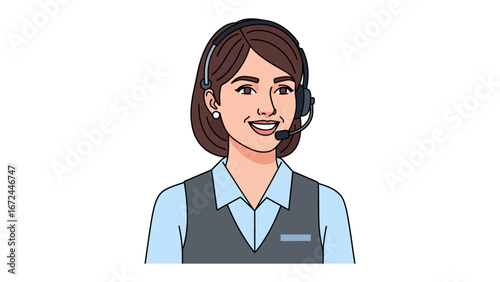 Efficient Customer Service: A woman, exuding warmth and professionalism, wears a headset, ready to provide customer service, epitomizing helpfulness and responsiveness.