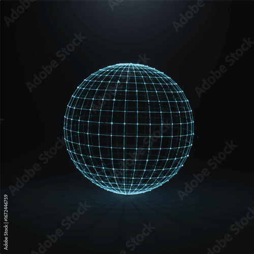 Minimal holographic orb grid, rendered in 3D, features small shimmering dots intricately forming a luminous sphere silhouette, evoking a futuristic and abstract technological connection.
