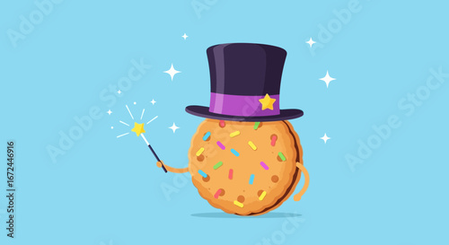 Charming Cookie Magician with Sparkling Wand, Magical Fantasy Scene