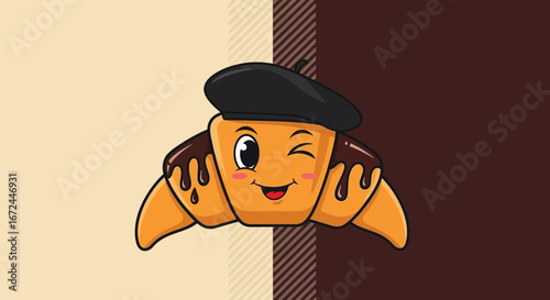 Charming Croissant Cartoon Character Wearing Beret Smiling, Smiling Dessert Bakery Pastry