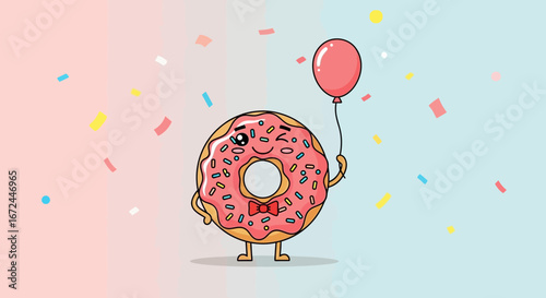 Charming Donut Character Holding a Balloon Amidst Festive Confetti Celebrations
