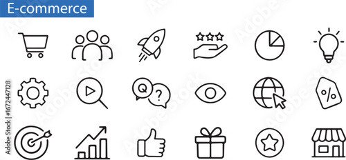 E-commerce Marketing Icons Set – Online Shopping and Business Line Symbols.