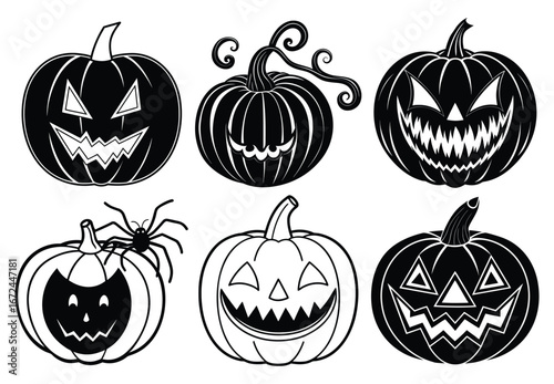 Halloween pumpkin vector set black silhouettes jack o lanterns spooky faces halloween design elements vector
