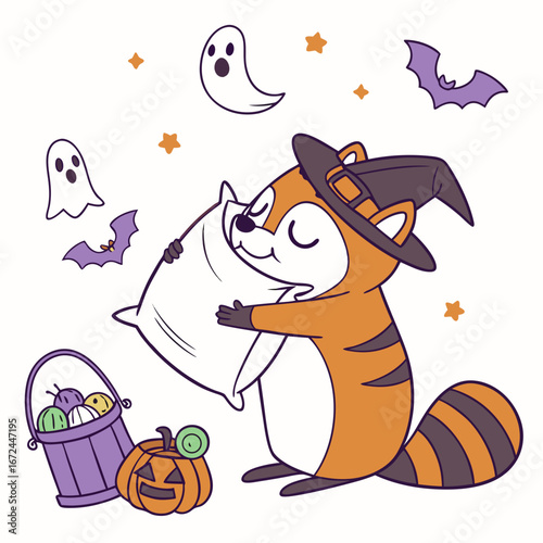Vector illustration of a Shy Wildlife with hugging a pillow, styled in a Halloween theme using Spooky Fun colors