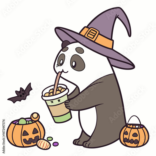 Charming SVG of a Content Wildlife featuring with a bubble tea, styled in a Halloween theme with Spooky Fun hues