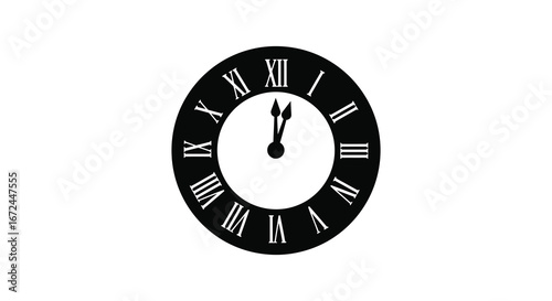 A black and white clock with roman numerals on a plain background silhouette