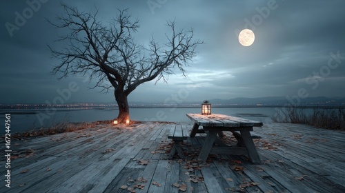 Old wood table and silhouette dead tree at night for Halloween background