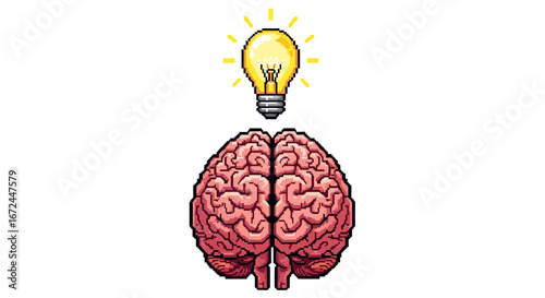 Conceptual representation of an idea with a brain and a lightbulb in pixel art style