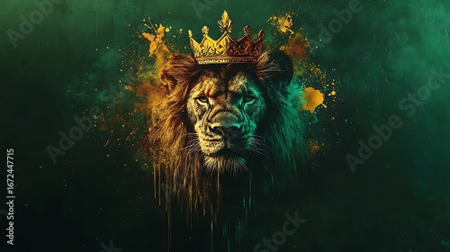 Majestic portrait of a crowned lion head featuring vibrant color splash photo