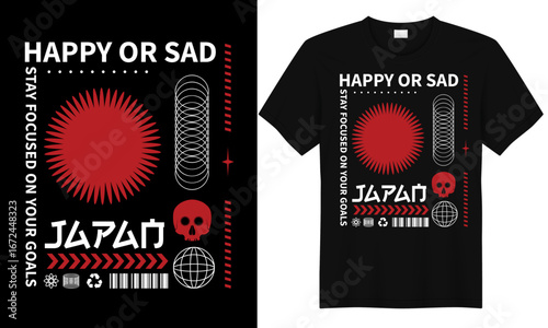 Japanese streetwear t-shirt design featuring happy or sad theme with skull, red rising sun and bold typography