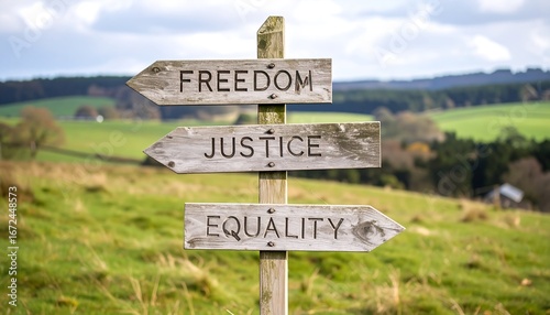 Wooden Signpost Guiding Towards Freedom with Justice, and Equality in a Serene Landscape