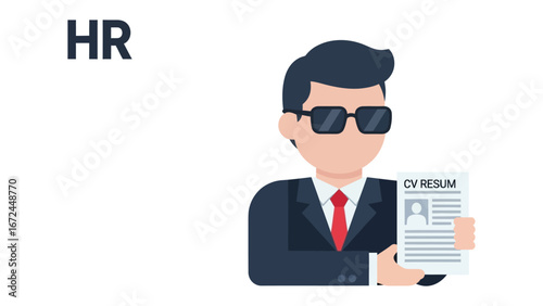 HR Professional: A sophisticated cartoon figure, symbolizing a Human Resources professional, is impeccably dressed in a suit, holding a document featuring a CV.