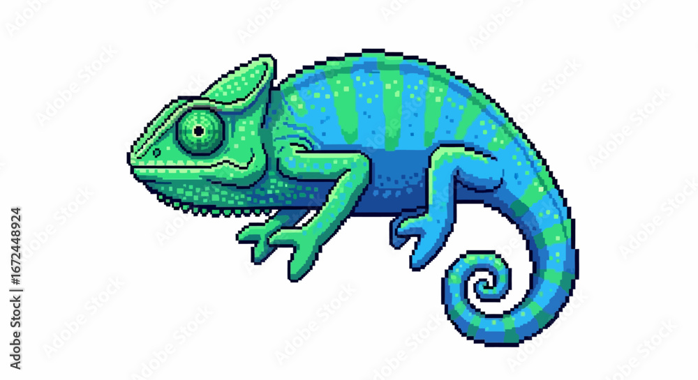 Fototapeta premium Pixel art chameleon with vibrant green and blue scales, showcasing its unique coiled tail and detailed eye