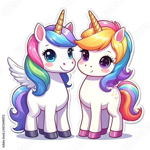Two adorable, winged unicorns, with vibrant rainbow manes and tails, stand side-by-side against a plain white background, radiating a playful and whimsical mood.