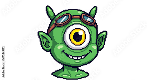 Whimsical pixel art illustration of a cheerful green one-eyed monster wearing aviator goggles, perfect for fantasy and gaming themes, conveying a friendly and playful vibe