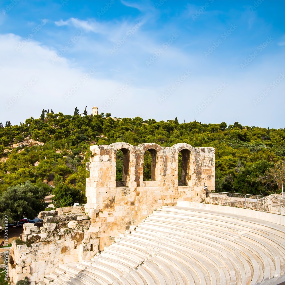 Obraz premium Ancient theatre ruins, with arches and tiered seating, overlook a lush hillside under a vibrant sky.