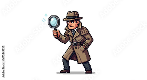 Pixelated Detective in a Trench Coat Investigating with a Magnifying Glass Illustration
