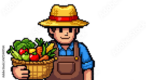 Charming pixel art illustration of a hardworking farmer wearing a straw hat and overalls, proudly presenting a bountiful harvest of fresh, organic produce