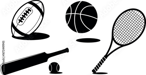 Sport Equipment Icons:  Black and White Minimalist Design,  Athletic Graphics.