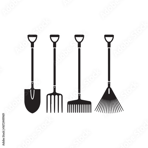 Gardening tools set shovel pitchfork rake trowel silhouette icons for outdoor work and landscaping projects vector