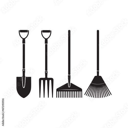 Set of four gardening tools shovel fork leaf rake and snow brush in silhouette for outdoor work vector