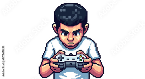 A young, intensely focused player deeply engrossed in a virtual game world, showcasing the concentration and passion for digital entertainment and competitive gaming