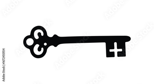 A black and white image of an old vintage skeleton key silhouette