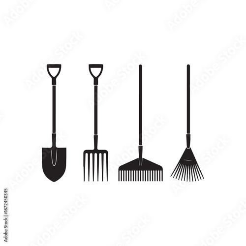 Set of four silhouette garden tools including shovels rakes and pitchforks for outdoor work vector