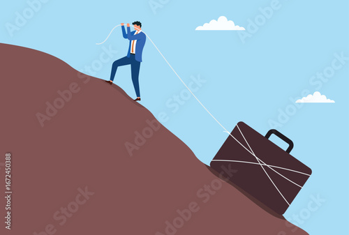Vector illustration of a businessman climbing uphill while pulling a heavy briefcase, symbolizing career struggle, business challenges, persistence, and determination
