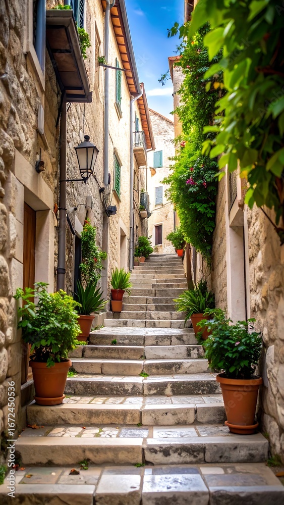 Fototapeta premium Stone steps ascend a narrow, plant-lined alleyway in a quaint town