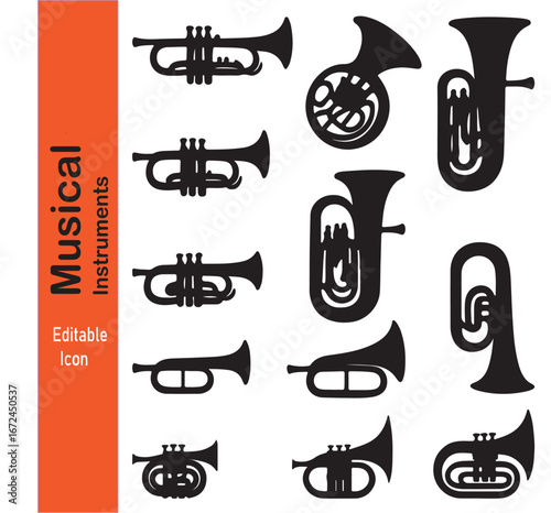Brass musical instruments silhouette set including trumpet tuba french horn and cornet