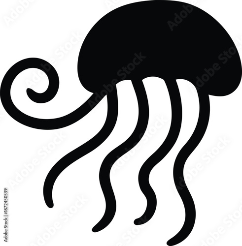 Black Silhouette of a Jellyfish with Flowing Tentacles on a White Background icon symbol