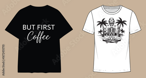 Two t shirts displayed side by side one black with white text and one white with a detailed graphic design
