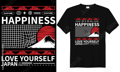 Japanese streetwear t-shirt design featuring happiness love yourself theme with Mount Fuji and red rising sun
