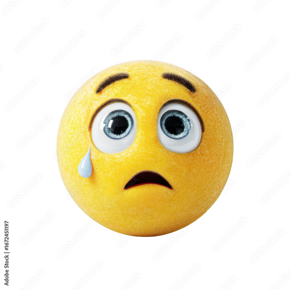 Fototapeta premium Sad and crying emoji with wide eyes expressing disappointment and sorrow isolated on transparent background