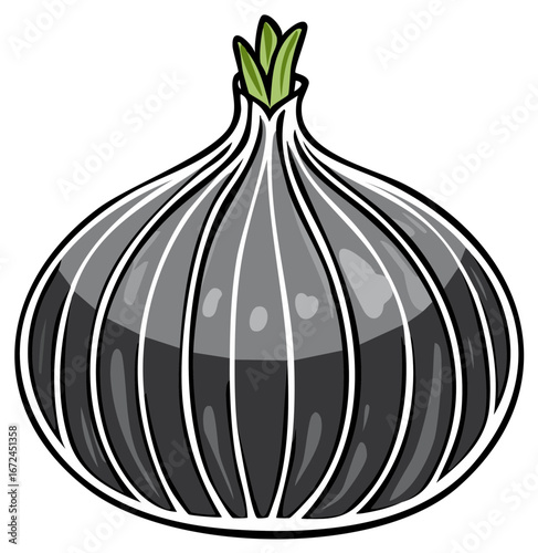 Stylized Black Onion Illustration with Green Sprouts