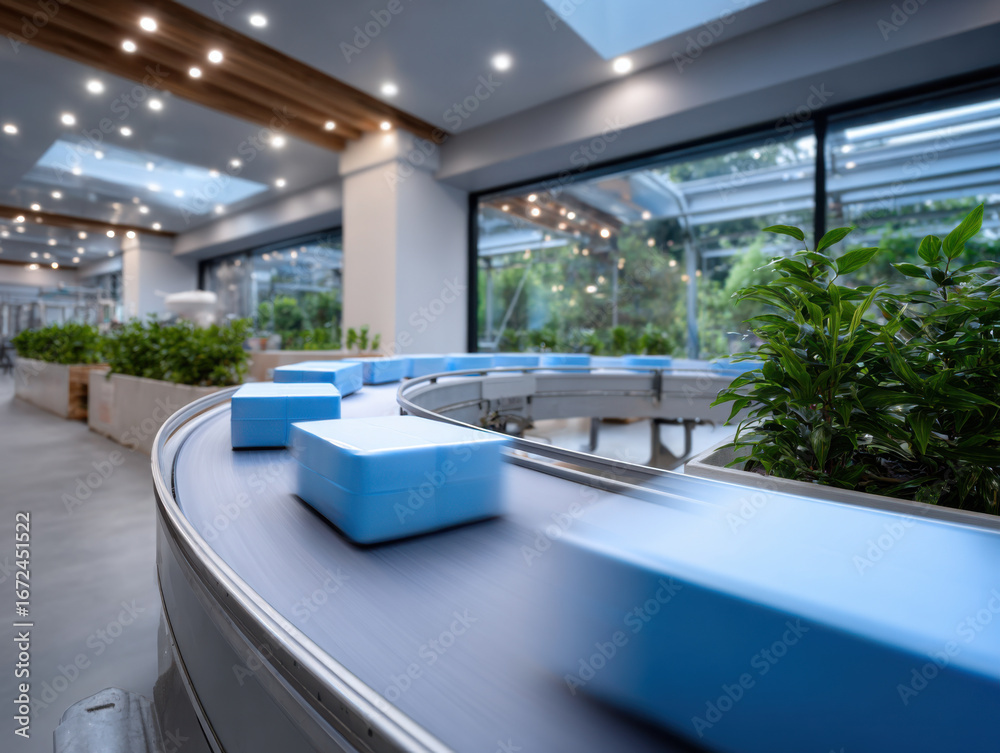 Fototapeta premium Blue packages moving on conveyor belt in modern factory