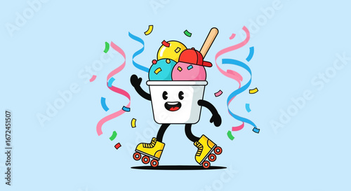 Charming Ice Cream Treat Character On Roller Skates With Festive Confetti Decorations