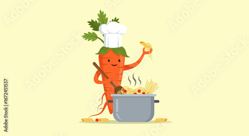 Cheerful Carrot Chef Cooking Pasta Dish With Spaghetti and Ingredients Cartoon Illustration