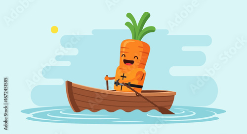 Cheerful Carrot Embraces Aquatic Adventure, Rowing the Wooden Boat on A Sunny Day