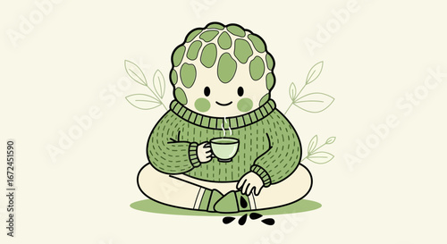 Charming Illustration Of A Cartoon Character Drinking Tea, Minimalist Aesthetic Design