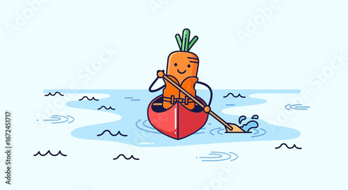 Cheerful Carrot Navigating Calm Waters in a Red Canoe with Safety Gear On a Sunny Day