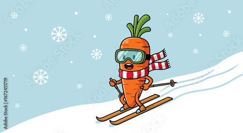 Cheerful Carrot on Skis Enjoying a Snowy Day in the Winter Paradise